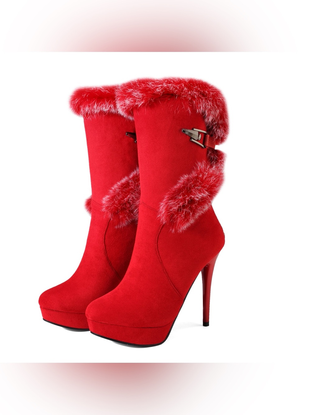 Red Faux Fur Platform Stiletto Mid-Calf Boots, worn for a few minutes, size 8/39